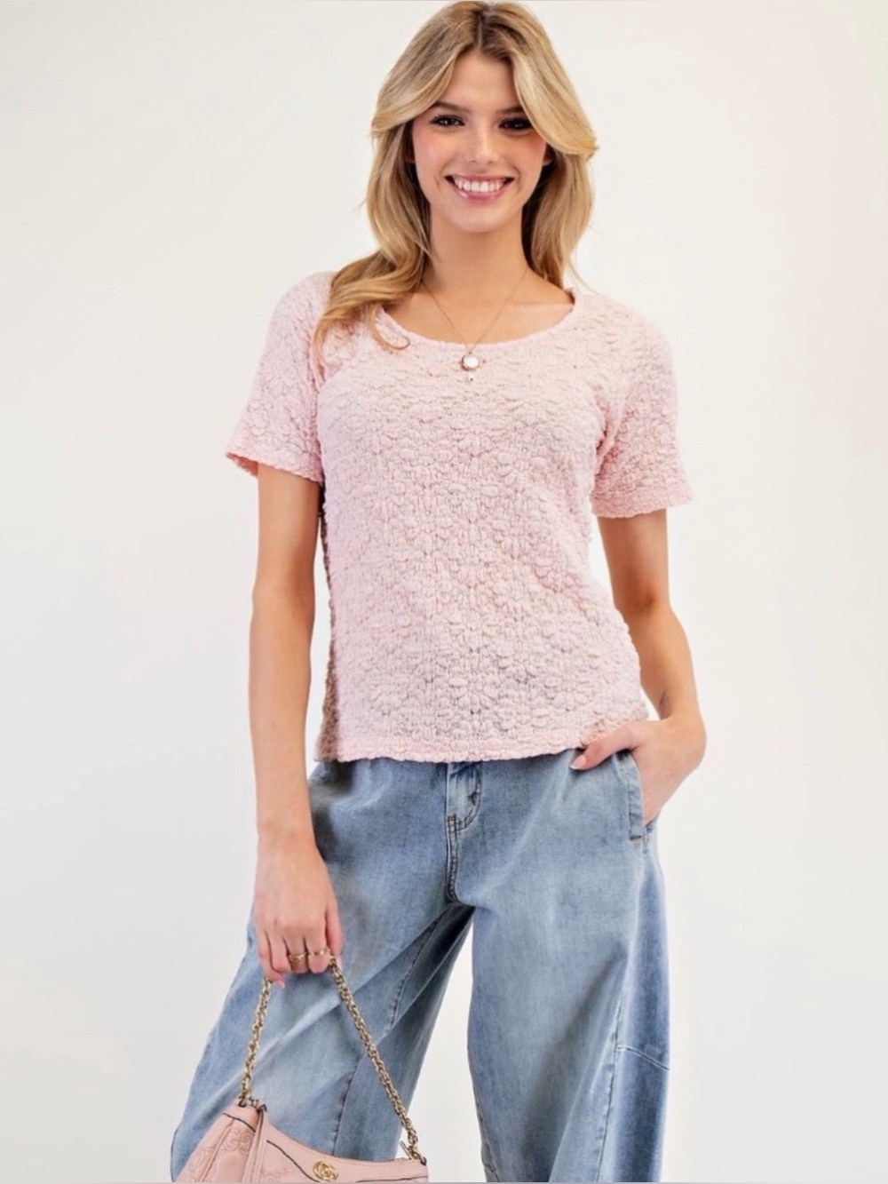 Easel Textured Short-Sleeve Women's Top in Light Pink